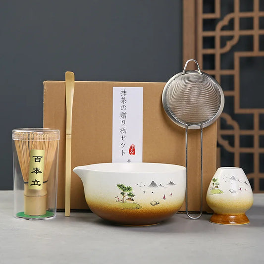 Japanese Matcha Tea Ceremony Set – 2/4/5 - Piece Matcha Tea Whisk, Bowl, Sifter & Bamboo Spoon Gift Box