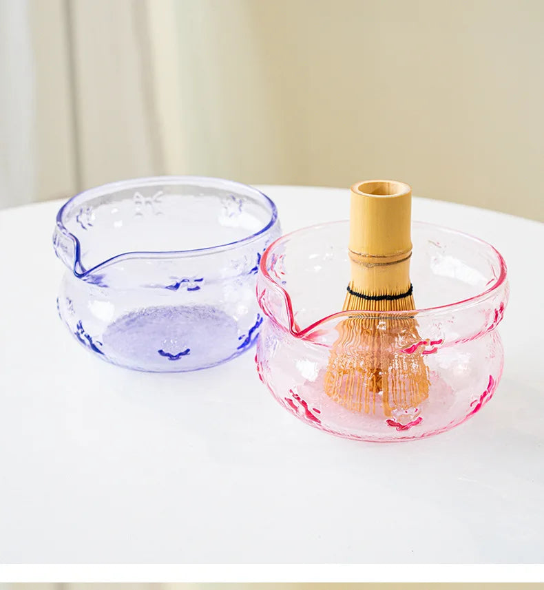 Akari Glass Matcha Tea Set – Pink & Purple Matcha Bowl Kit with Whisk, Scoop and Strainer, Complete Matcha Starter Gift Set