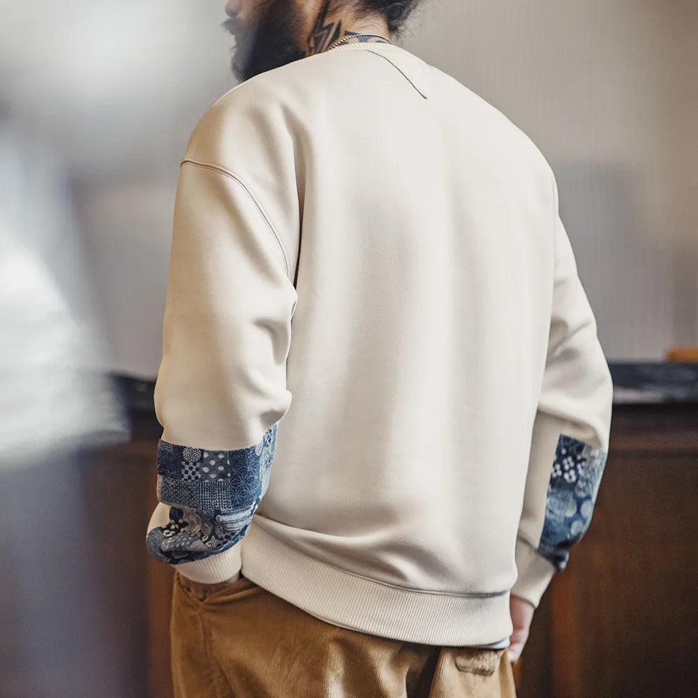 Renslow Patchwork Detail Crew Neck Sweatshirt – Men's Casual Pullover Jumper in Coffee & Cream