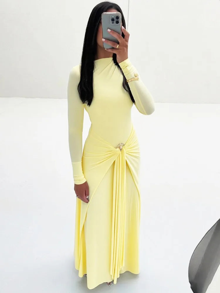 Solenza Draped Maxi Dress with Ruched Neck and Brooch Waist – Long Sleeve Evening Gown for Formal Events and Parties