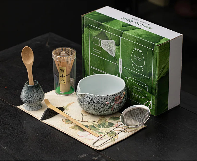 Blossom & Flecked Glaze Matcha Whisk Gift Set – Japanese Matcha Tea Set with Bamboo Whisk, Bowl & Accessories