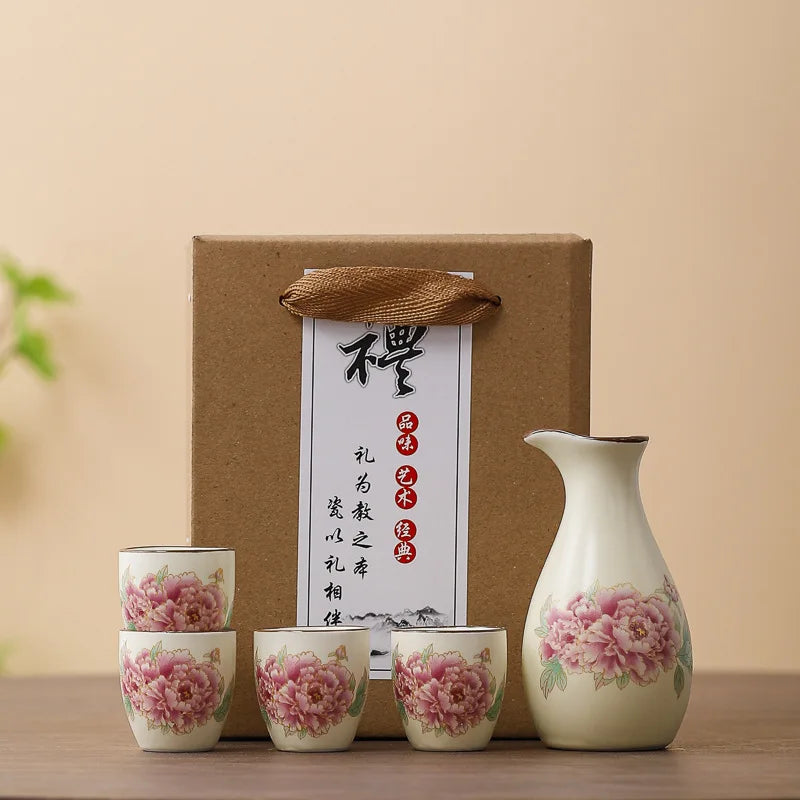 Sakura Blossom Ceramic Sake Gift Set – 5 Piece Sake Carafe and Cup Set