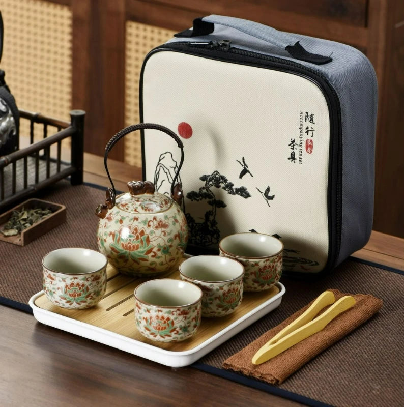 Willow Grove Travel Tea Set Collection – Ceramic Teapot and 4 Teacups Portable Tea Set with Case for Home, Gift and Outdoor Use