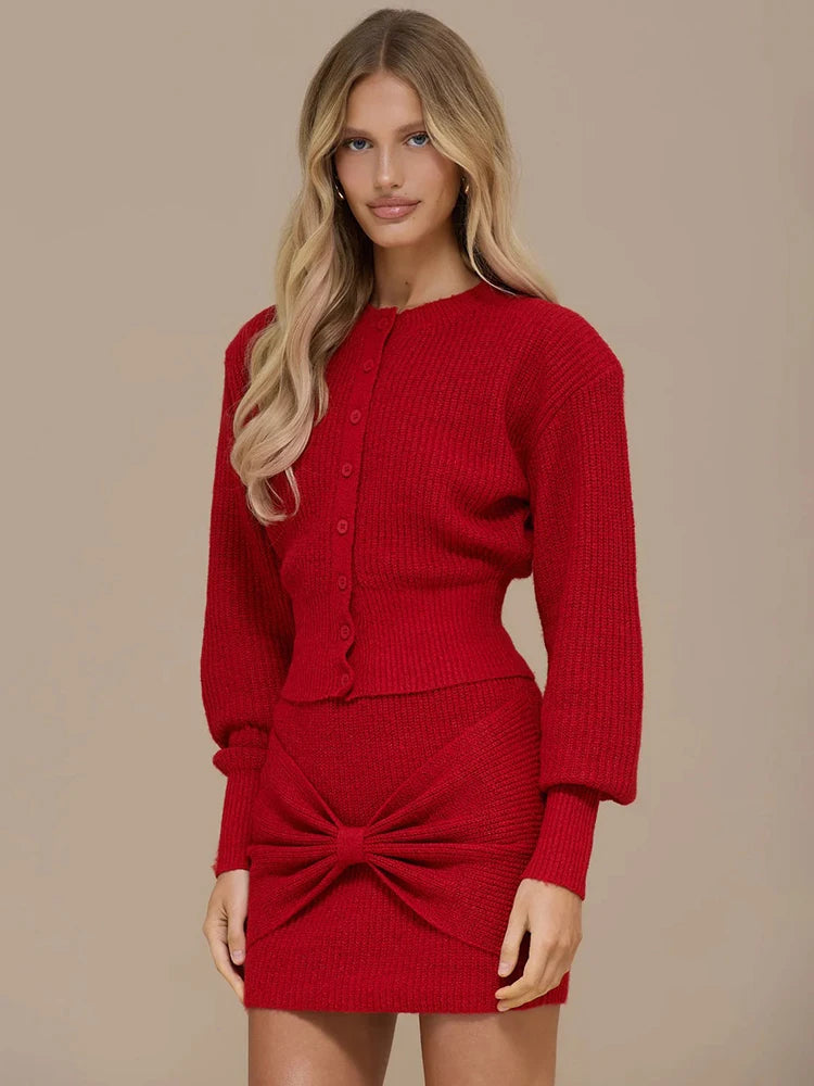Marielle Knitted Cardigan and Mini Skirt Co-Ord Set – Elegant Women’s Knitwear Two Piece Outfit