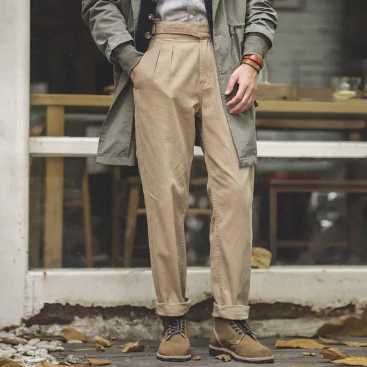 Carrick Pleated Chino Trousers – Sand Belted Adjustable Waist Straight Leg Men's Cotton Trousers