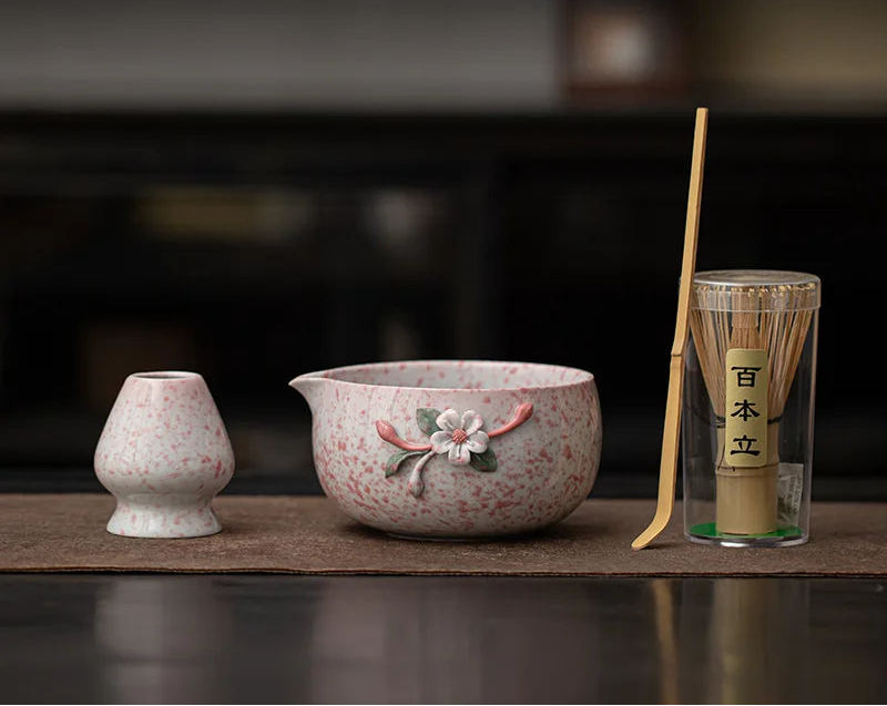 Blossom & Flecked Glaze Matcha Whisk Gift Set – Japanese Matcha Tea Set with Bamboo Whisk, Bowl & Accessories