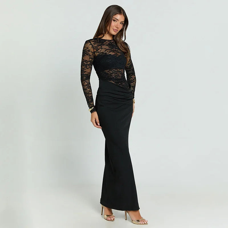 Meliora Long Sleeve Lace Bodice Maxi Dress – Lace Evening Gown and Bodycon Occasion Dress