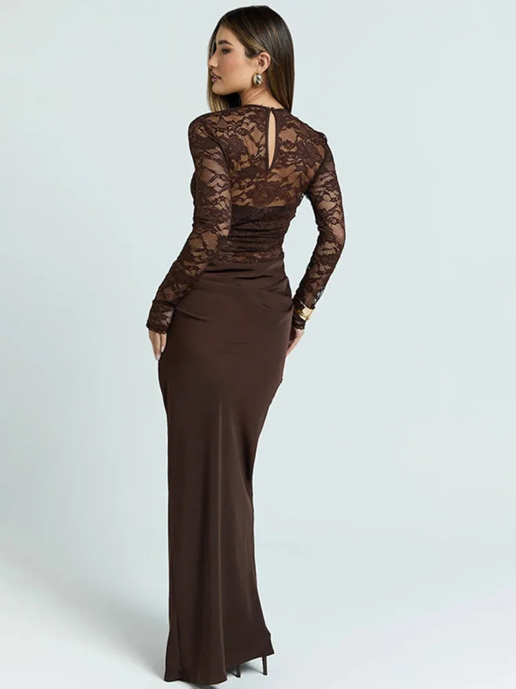 Meliora Long Sleeve Lace Bodice Maxi Dress – Lace Evening Gown and Bodycon Occasion Dress