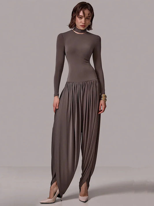 Naerra Draped Harem Jumpsuit – High Neck Long Sleeve Bodysuit One-Piece for Contemporary Evening & Occasionwear