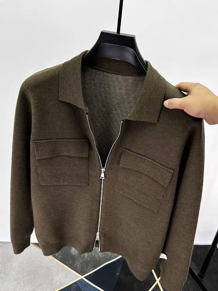 Men's Wool Blend Zip-Up Cardigan Jacket – Smart Casual Knit Overshirt with Utility Pockets and Turn-Down Collar