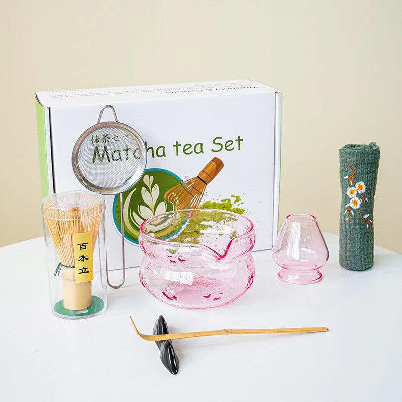 Akari Glass Matcha Tea Set – Pink & Purple Matcha Bowl Kit with Whisk, Scoop and Strainer, Complete Matcha Starter Gift Set