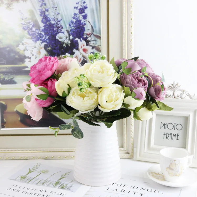 Peonelle Silk Peony Flower Bundle – 5 Head Faux Peony Stem with Buds Decorative Floral Arrangement
