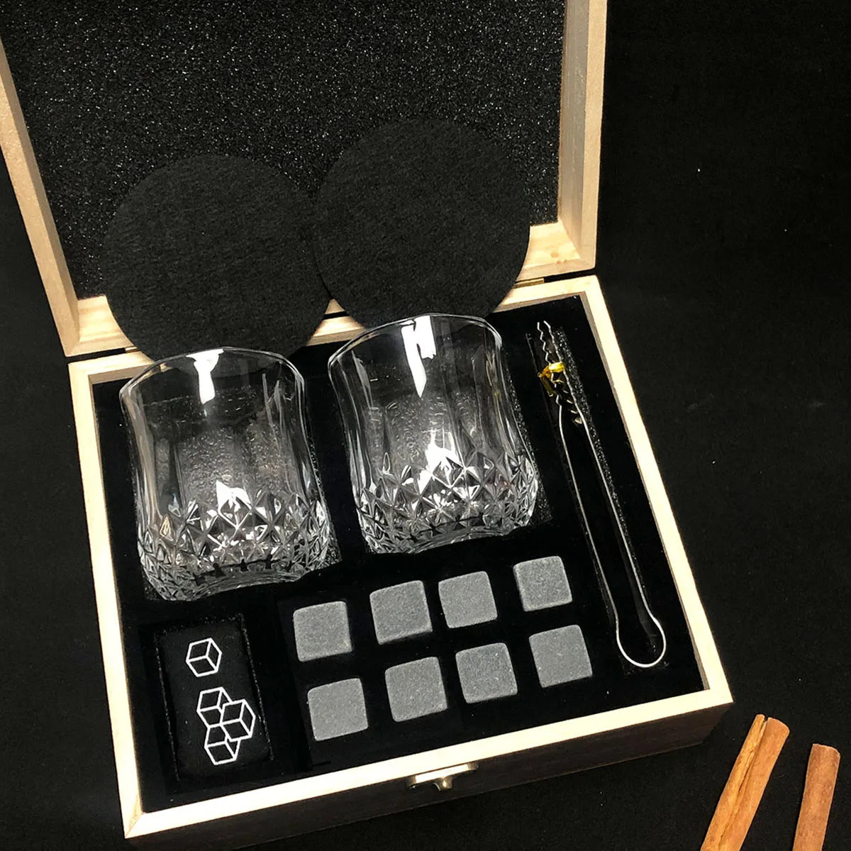 Whisky Glass Gift Set with Cooling Stones & Metal Tongs – Crystal Style Tumblers Gift Box