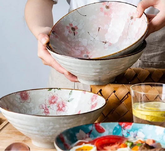 Sakura Ceramic Ramen Bowl – Japanese Style Floral Noodle Soup Rice Bowl Deep Serving Bowl Kitchen Tableware