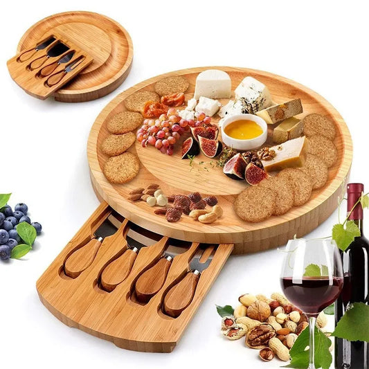 Round Bamboo Cheese Board with Drawer and Cheese Knives – Charcuterie Serving Platter