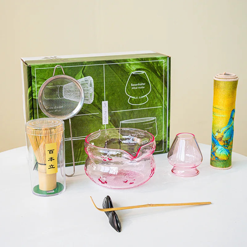 Matcha Tea Ceremony Set – Pink/ Blue Glass Matcha Bowl With Bamboo Whisk, Scoop & Accessories 4/5/7/8 Piece Set