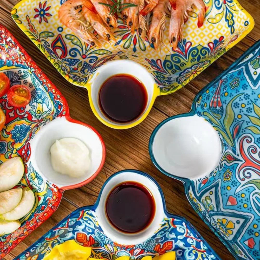 Zareli Ceramic Serving Dish with Sauce Holder – Tapas Plate for Table Serving