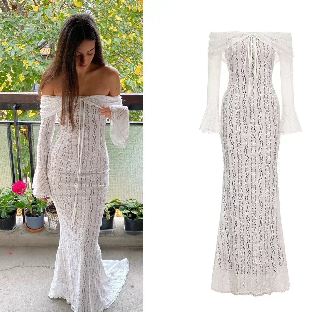 Sarisse Off Shoulder Lace Maxi Dress – Ivory or Black Summer Wedding Guest & Holiday Dress