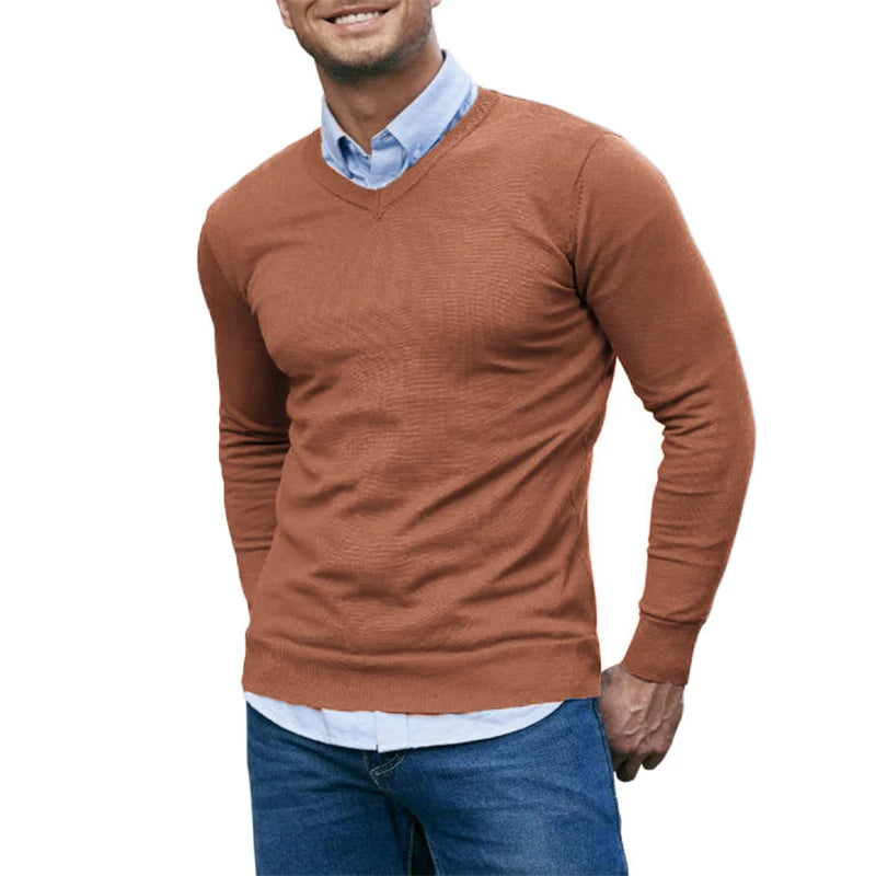 Men’s Slim Fit V-Neck Jumper – Lightweight Long Sleeve Knit Sweater for Autumn & Winter in Navy, Wine Red, Beige, Brown, Black, White, Grey