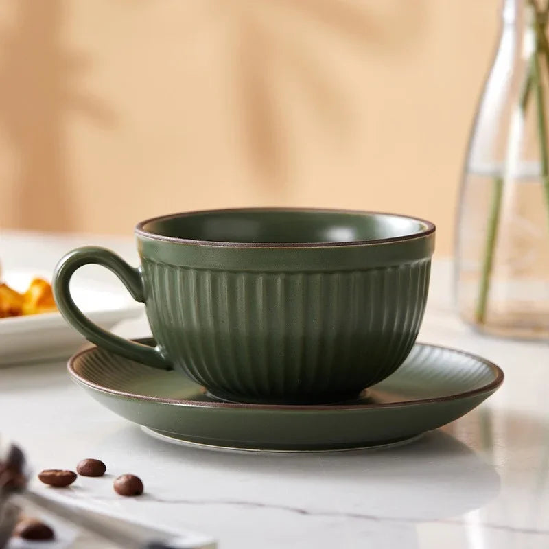 Ribbed Ceramic Tea and Coffee Cup and Saucer Set – Textured Cup with Handle, Modern Kitchen Drinkware