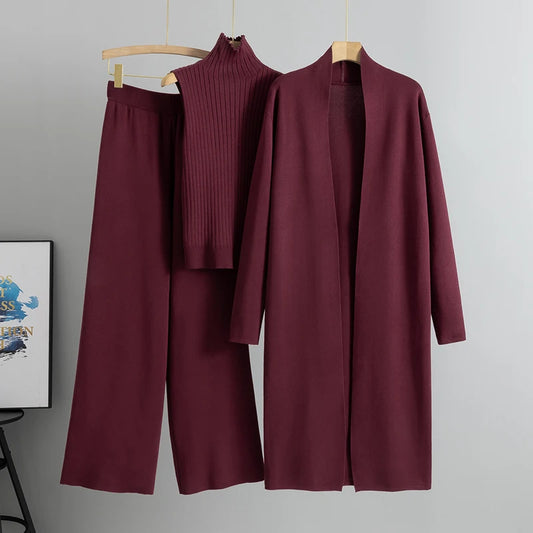 Aravelle Three-Piece Knit Co-Ord Set – Ribbed High Neck Top, Longline Cardigan and Wide-Leg Trousers