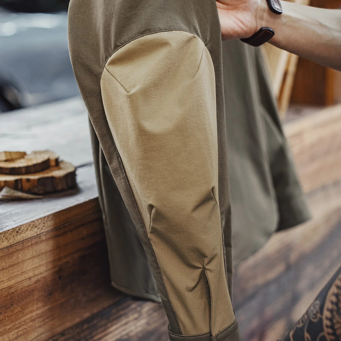 Cavaro Men’s Relaxed Fit Button-Up Utility Shirt – Brown Long Sleeve Casual Overshirt with Elbow Patch Detail