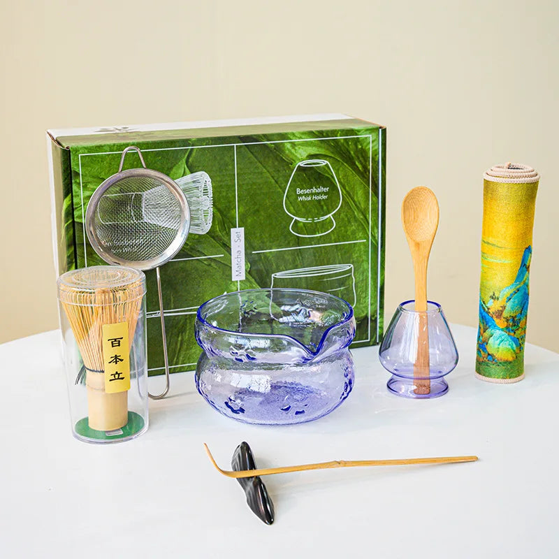 Matcha Tea Ceremony Set – Pink/ Blue Glass Matcha Bowl With Bamboo Whisk, Scoop & Accessories 4/5/7/8 Piece Set