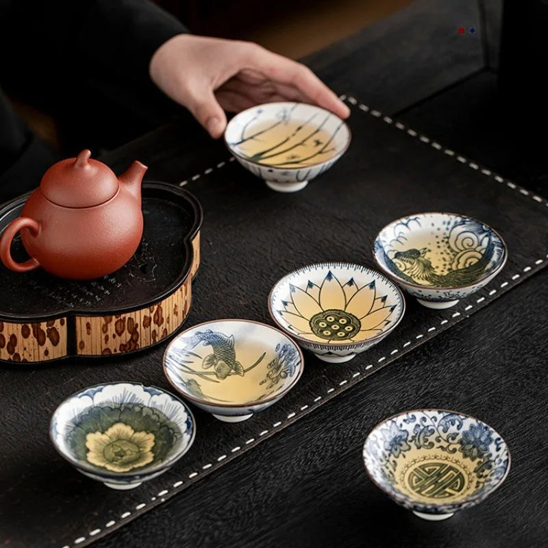 Renshiro Ceramic Tea Bowl Gift Set – 10 Piece Blue and White Tea Cups Set with Gift Box for Tea Serving and Tableware