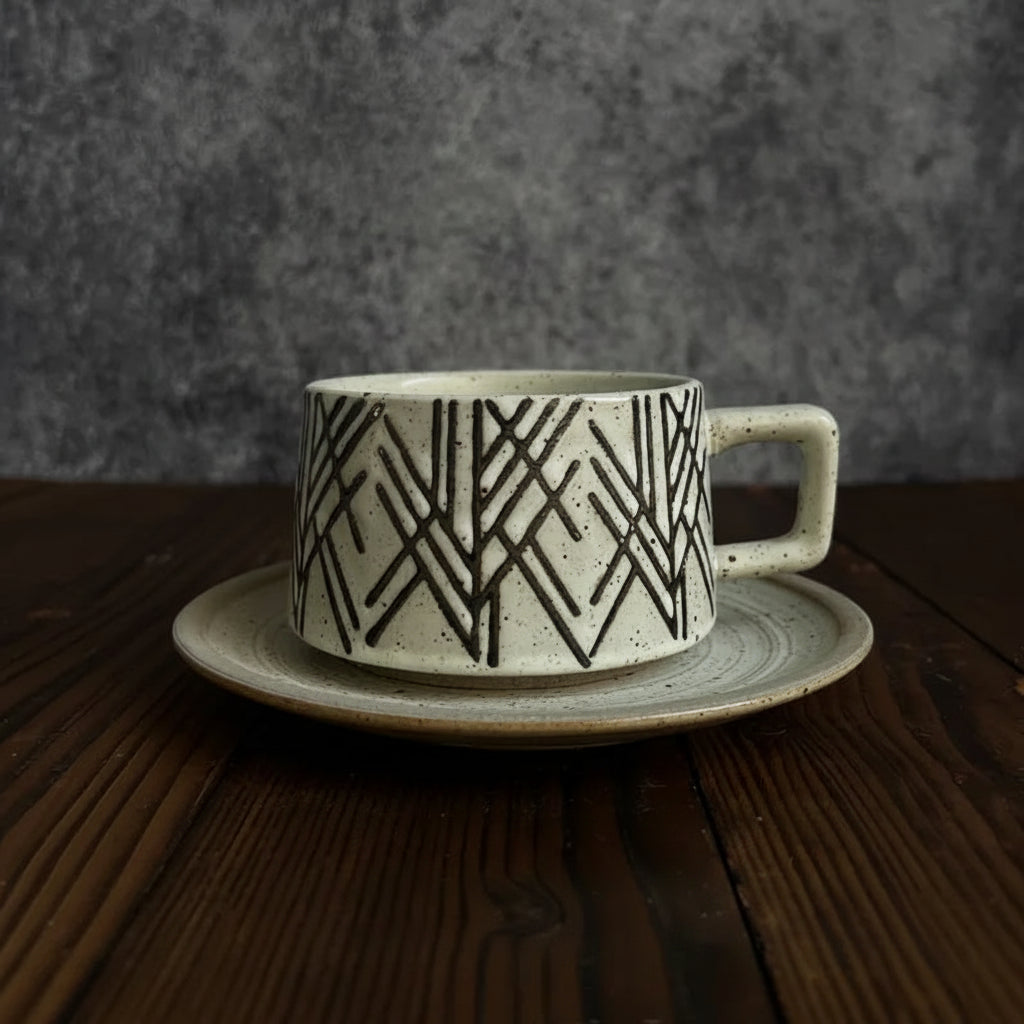 Cavella Patterned Tea and Coffee Cup Set – Textured Ceramic Cup and Saucer 250ml