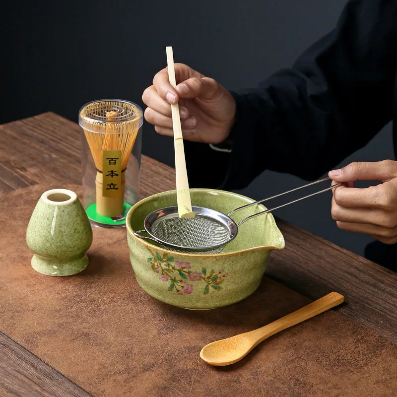 Traditional Japanese Matcha Tea Set – 5 Piece Sakura Matcha Bowl, Whisk, Scoop, Sieve & Holder Gift Kit