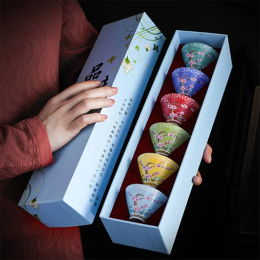 Hanamori Floral Ceramic Tea Bowl Gift Set – 6 Piece Small Tea Cups with Flower Design Gift Box Tea Set