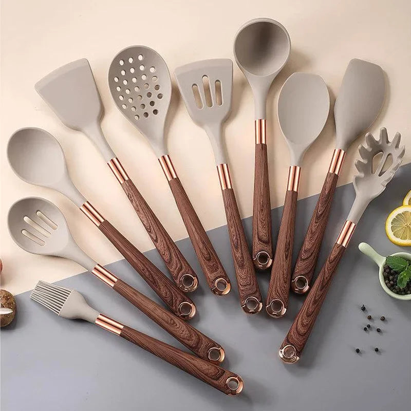 11-Piece Silicone & Wooden Kitchen Utensil Set with Holder – Heat Resistant Cooking Tools