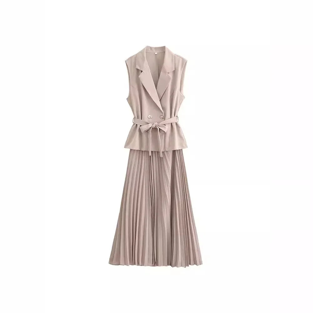Nerina Double-Breasted 2 Piece Pleated Midi Dress – Sleeveless Blazer Top & Skirt Set in Black, Cream or Beige