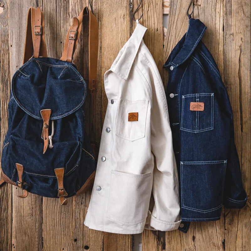 Marlowe Men’s Cream Denim Jacket – Button Up Utility Jacket with Large Pocket Detail and Classic Collar