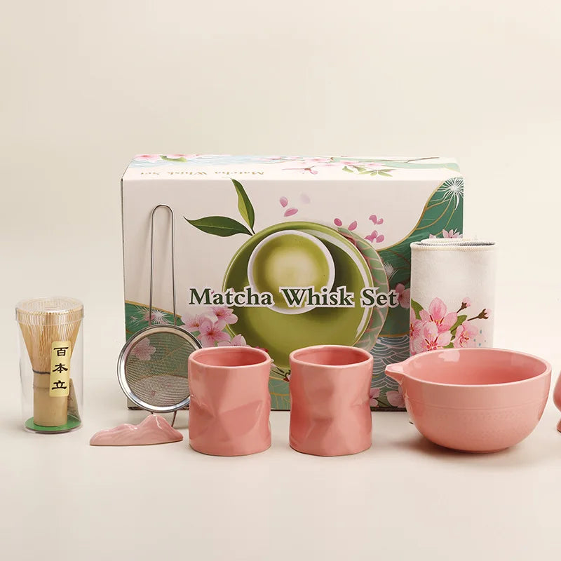 Blossom Grove Matcha Making Set – 9-Piece Ceramic Matcha Tea Set with Whisk, Scoop, Bowl & Mat for Home Matcha Making