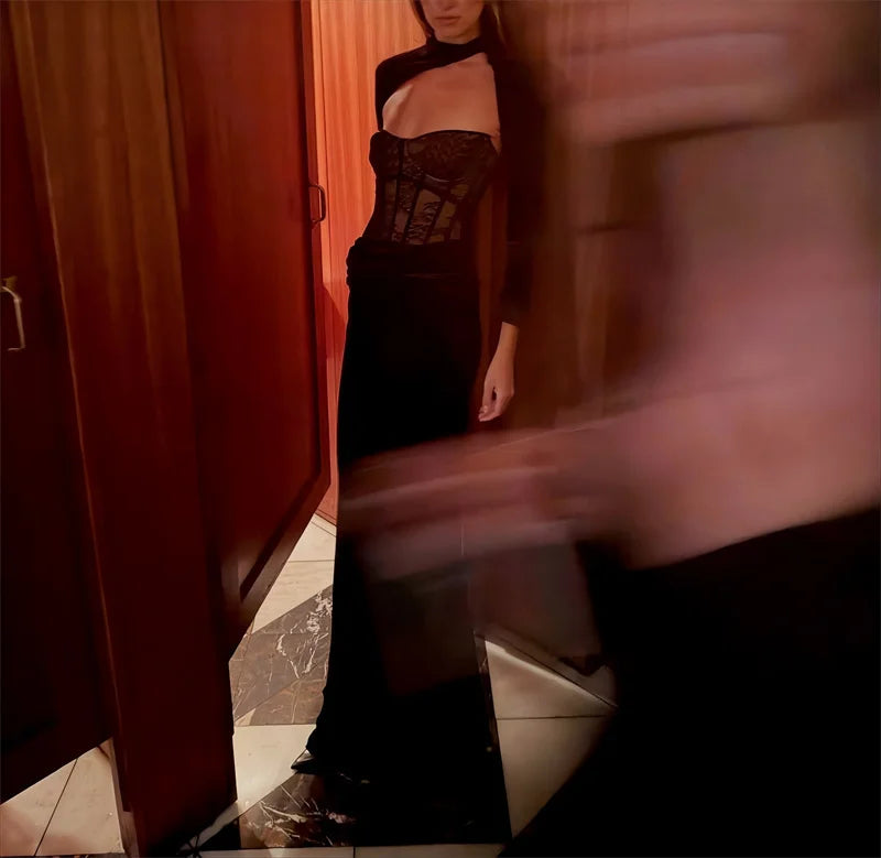 Marcheline Lace Corset Maxi Evening Gown with Detachable Shrug – Two-Piece Strapless Occasion Dress