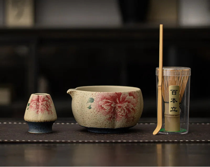 Bamboo Grove Ceramic Tea & Coffee Gift Set – 2, 4, & 8 - Piece Complete Home Tea Kit with Panda & Flower Design Bowl, Whisk and Scoop