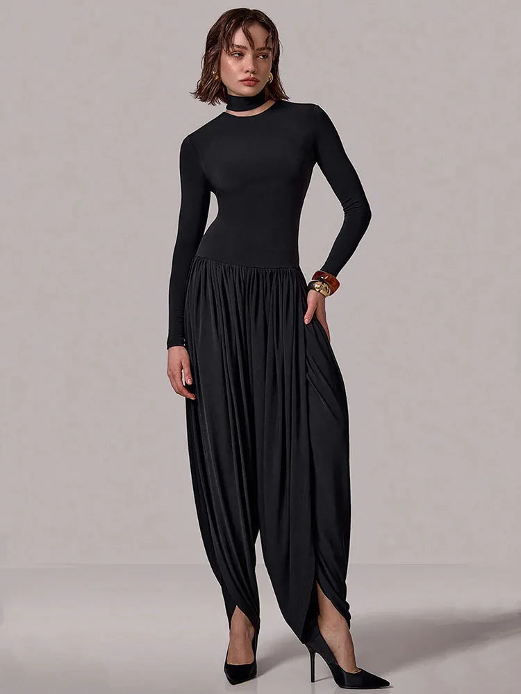 Naerra Draped Harem Jumpsuit – High Neck Long Sleeve Bodysuit One-Piece for Contemporary Evening & Occasionwear
