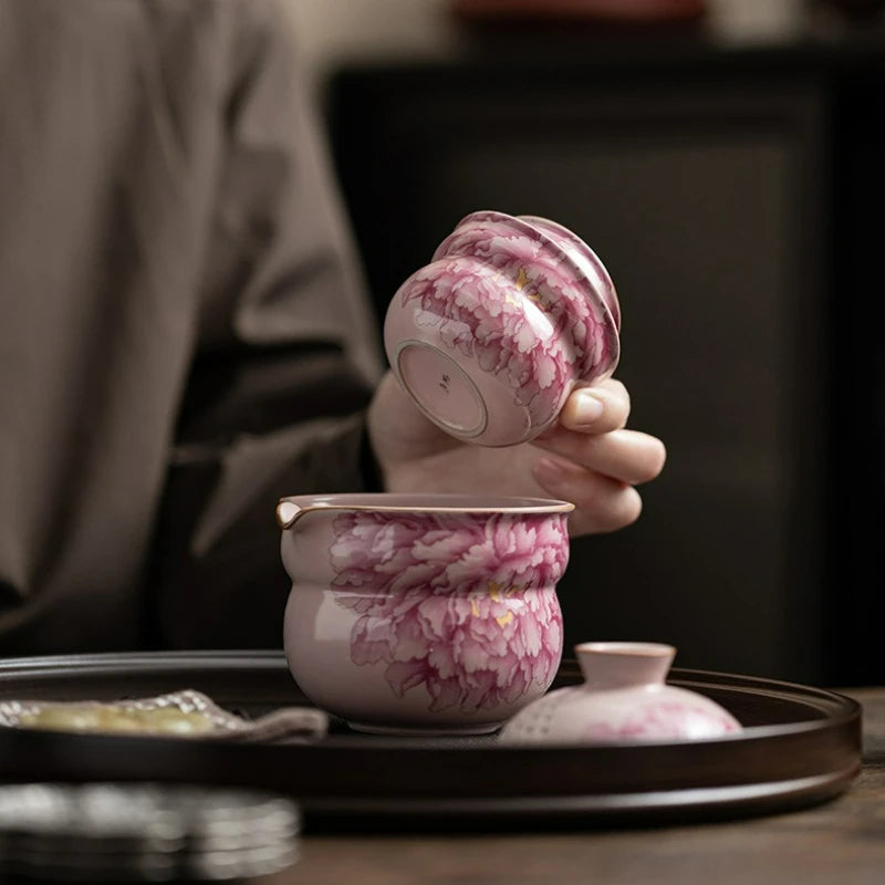 Peony Bloom Handmade Tea Set – Portable Ceramic Travel Tea Set with Teapot and Cups, Floral Tea Set Gift with Case