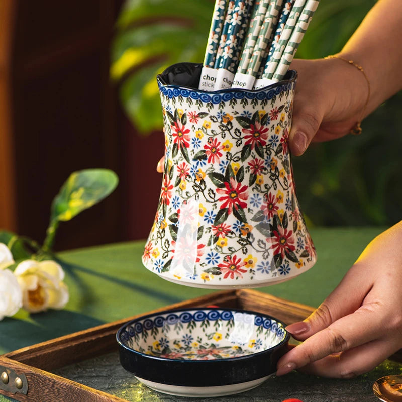 Floria Ceramic Utensil Holder – Floral Kitchen Utensil Caddy with Drain Base, Cutlery Holder, Spoon Fork Storage Organiser