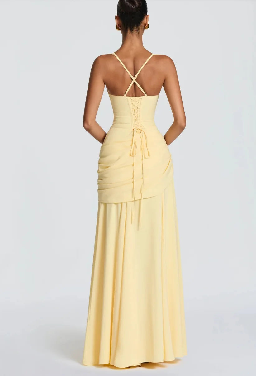 Carmela Ruched Draped - Yellow Maxi Dress