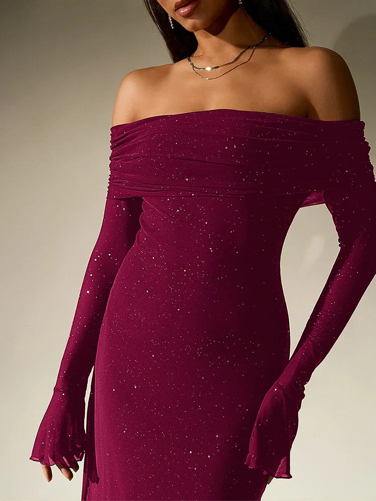 Aurevielle Off Shoulder Glitter Mesh Maxi Dress – Long Sleeve Bodycon Evening, Party & Wedding Guest Gown