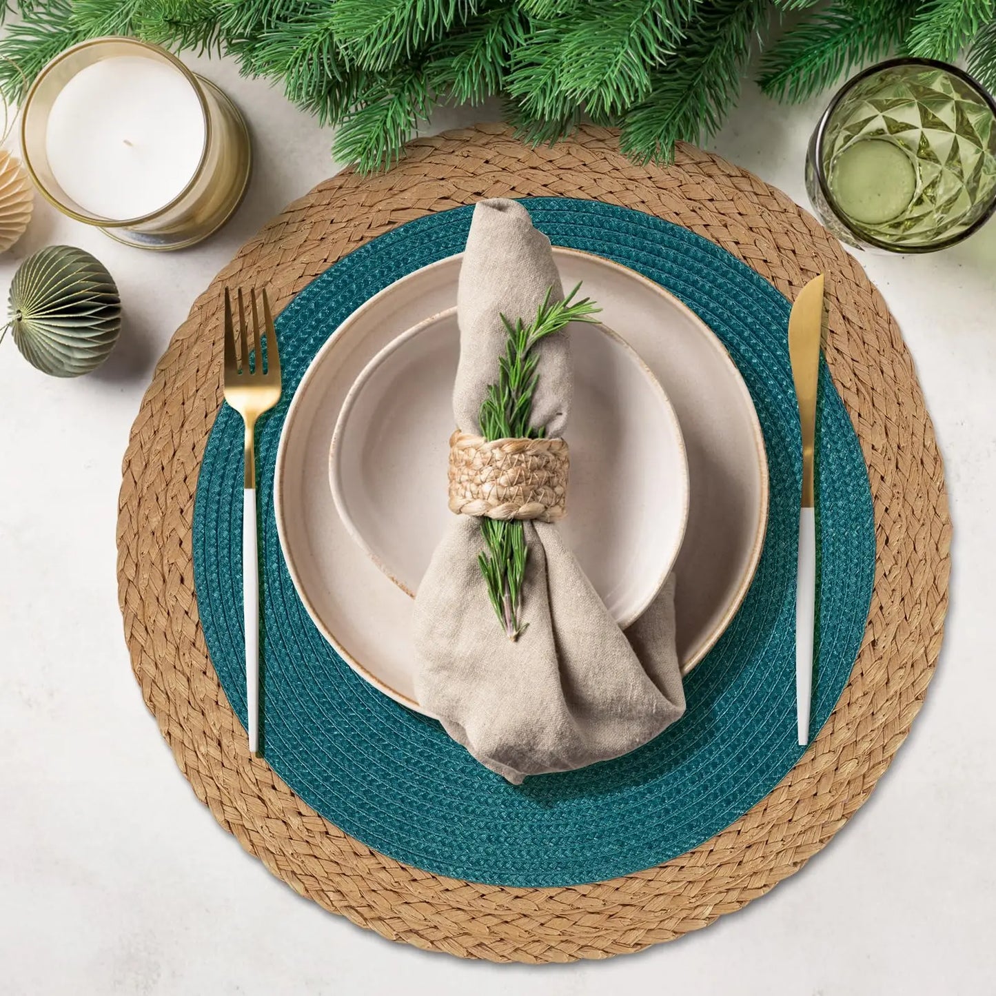 Two Tone Round Braided Placemats – 6 Piece Table Mat Set 38cm Woven Dining Placemats for Kitchen Table Setting and Home Décor