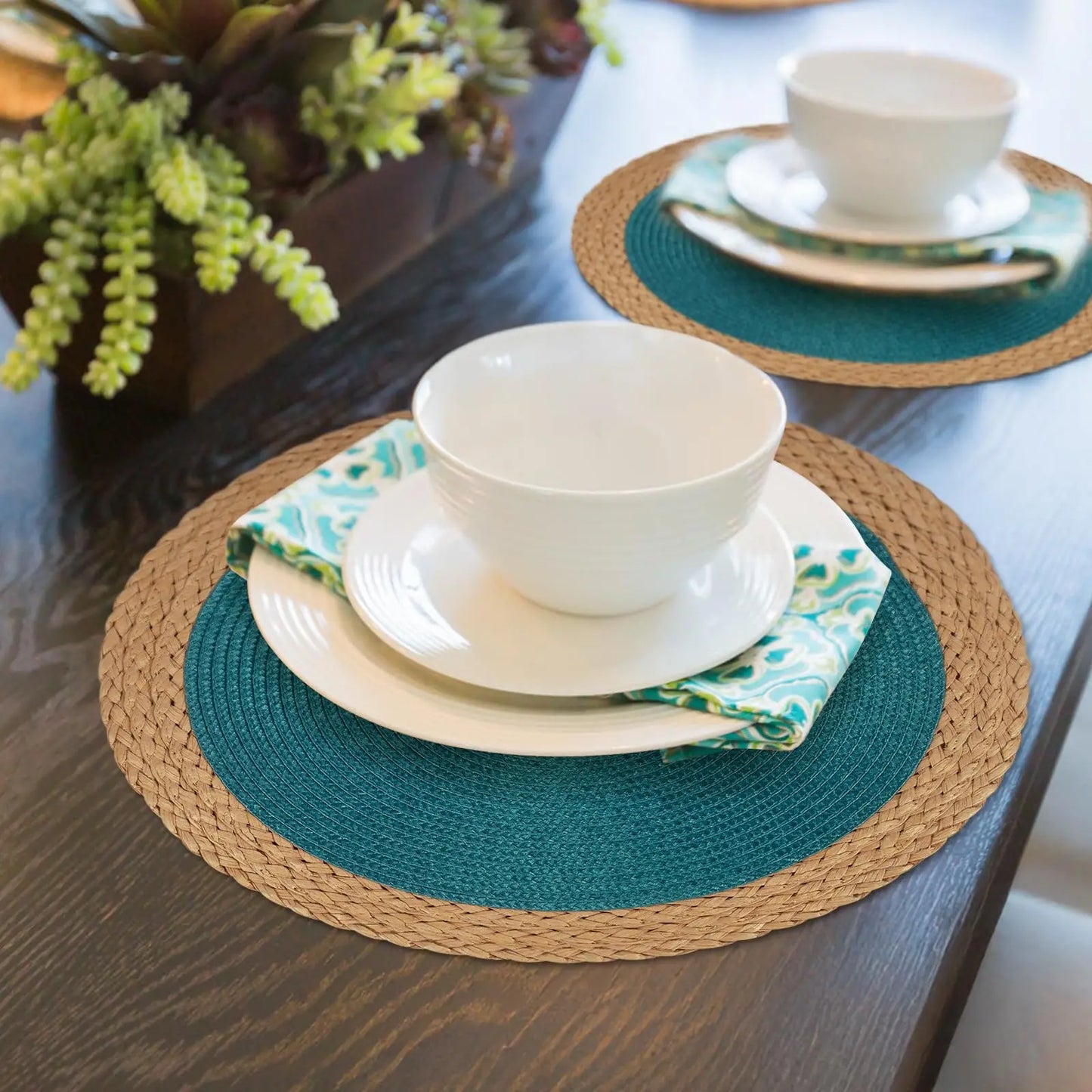 Two Tone Round Braided Placemats – 6 Piece Table Mat Set 38cm Woven Dining Placemats for Kitchen Table Setting and Home Décor