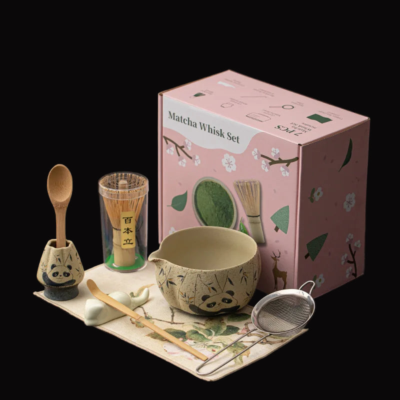 Bamboo Grove Ceramic Tea & Coffee Gift Set – 2, 4, & 8 - Piece Complete Home Tea Kit with Panda & Flower Design Bowl, Whisk and Scoop