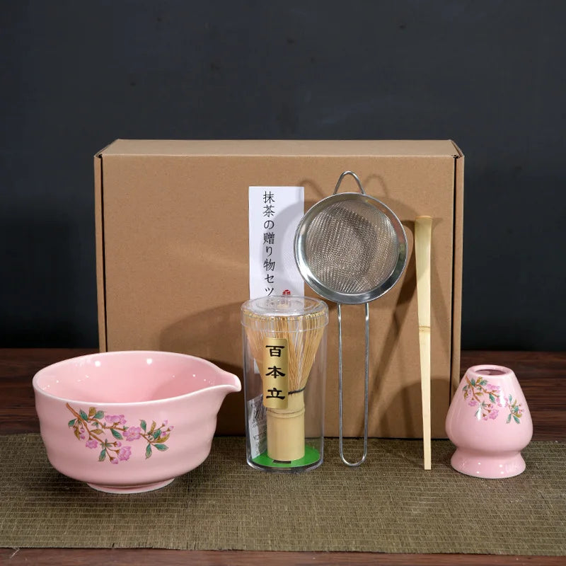 Traditional Japanese Matcha Tea Set – 5 Piece Sakura Matcha Bowl, Whisk, Scoop, Sieve & Holder Gift Kit