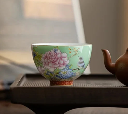 Kiyorae Floral Ceramic Tea Cup – Hand Painted Peony Matcha Bowl Small Tea Cup for Matcha, Herbal Tea & Espresso