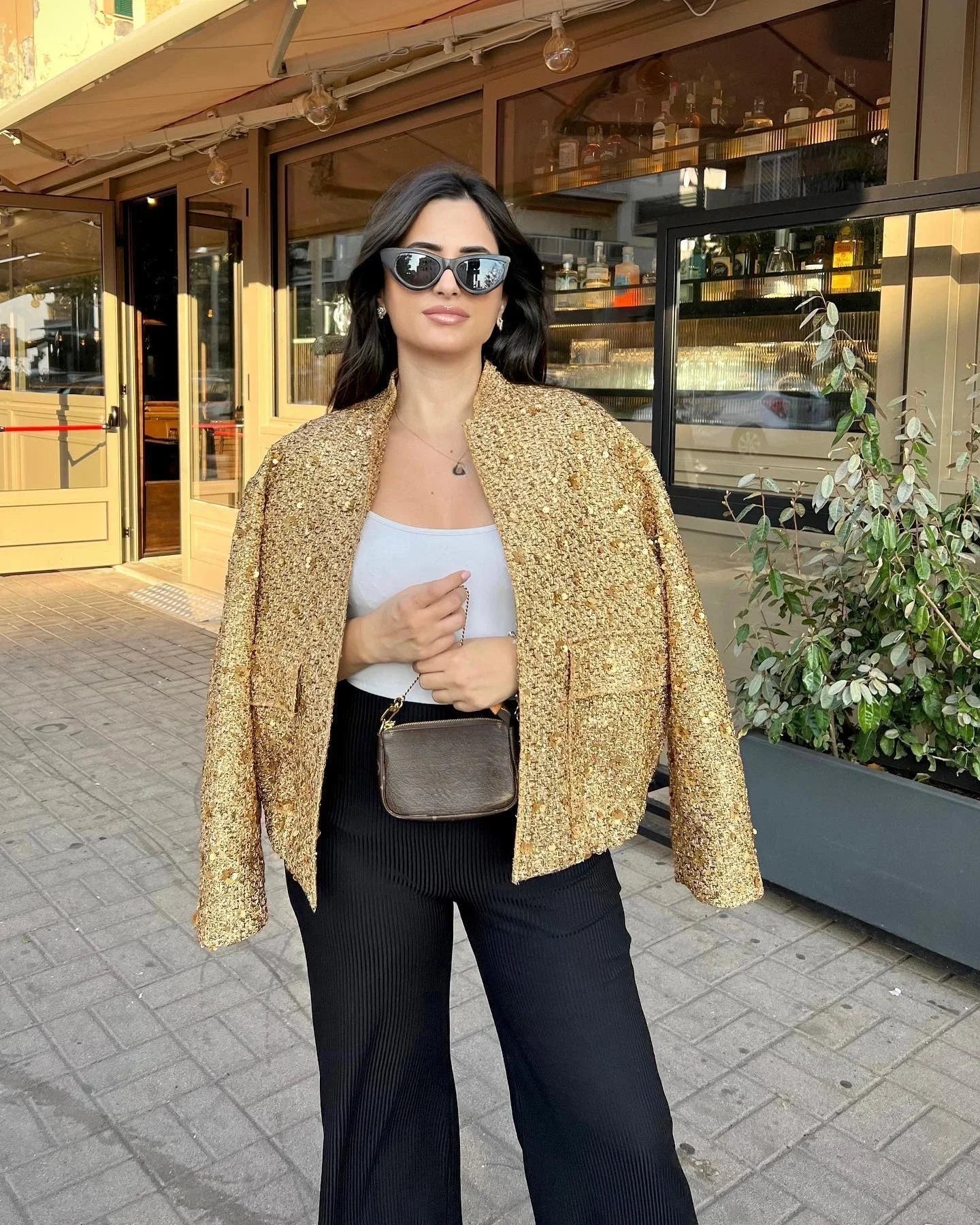 Averelle Sequin Bomber Jacket – Gold, Black & White Glitter Oversized Coat for Women