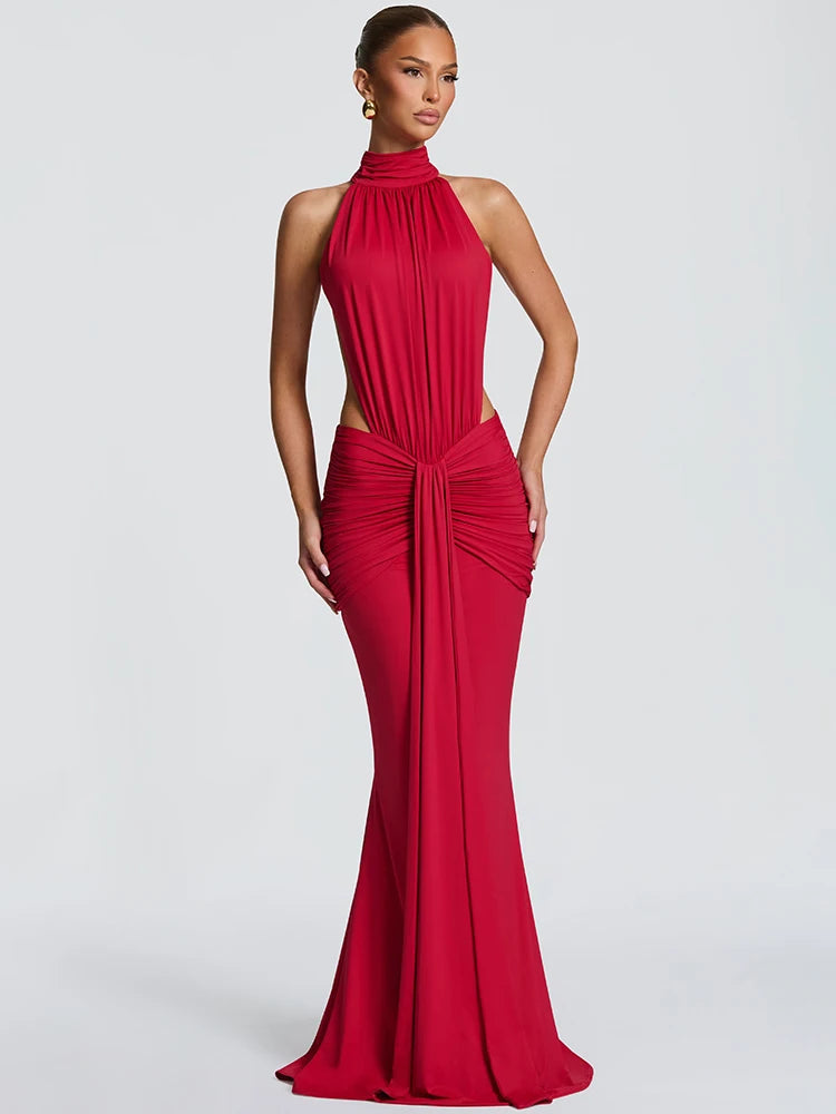 Elvaria High Neck Backless Ruched Bodycon Maxi Dress – Evening, Party & Wedding Guest Gown