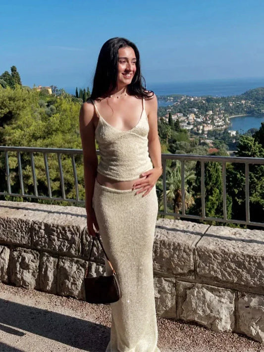 Marilou Glitter Knit Co-Ord Set – Sparkly Two-Piece Crop Top & Maxi Skirt Holiday Outfit